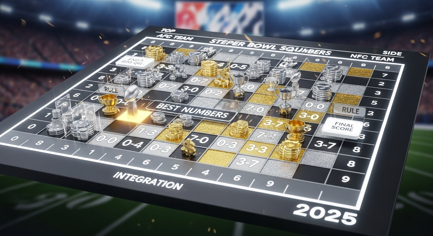 Super Bowl Squares 2025 grid template: A vibrant, 3D-rendered 10x10 Super Bowl Squares grid with 'best numbers' squares highlighted in shimmering gold, featuring subtle icons for payouts and rules against a blurred stadium background.