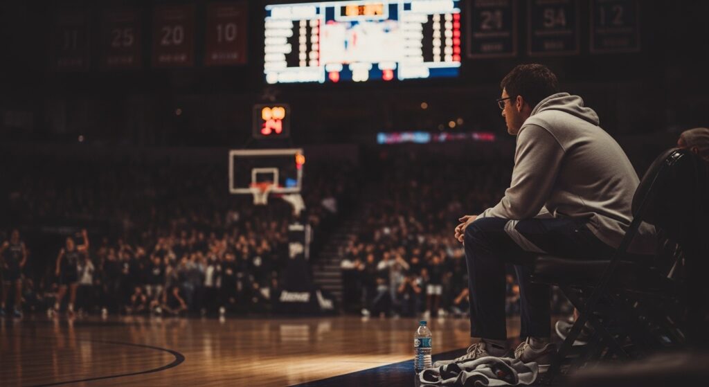A basketball coach sitting courtside, jotting down notes during a game as the crowd buzzes in the background, reflecting on lessons learned through experience.