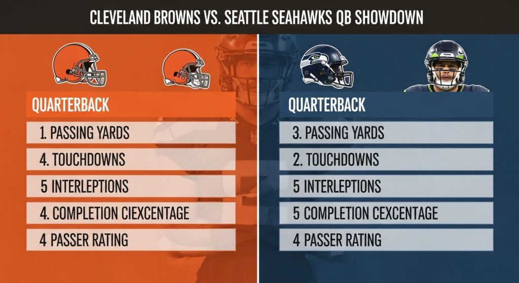 Side-by-side statistical comparison chart showing the passing yards, touchdowns, and passer rating for the Cleveland Browns and Seattle Seahawks starting quarterbacks.