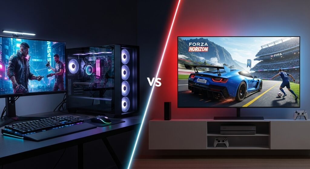 A split-screen setup showing a high-performance gaming PC on one side and a modern gaming console on the other, both with popular game titles displayed on their respective screens.