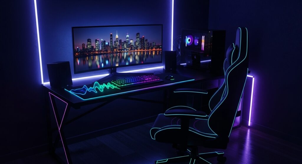 Sleek gaming room featuring a curved ultra-wide monitor, RGB mechanical keyboard, ergonomic chair, and ambient LED lighting on the walls.
