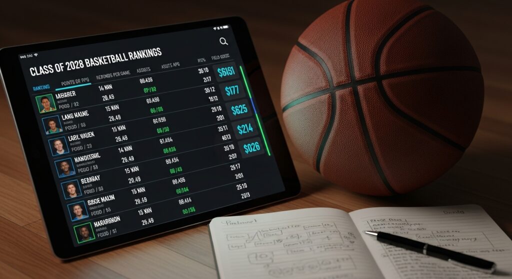 Digital leaderboard displaying class of 2028 basketball player rankings with stats and scouting details on screen.