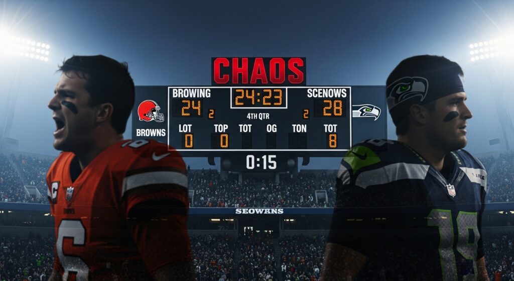 A stadium scoreboard showing a very close score in the final seconds of a football game, with blurred silhouettes of two quarterbacks in the foreground, representing the late chaos and volatility of the 2023 Browns vs. Seahawks match.