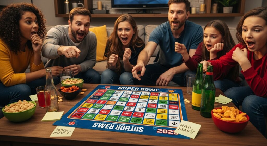 Super Bowl Squares 2025 grid with fans reacting to every quarter, hands pointing at squares during a live game.