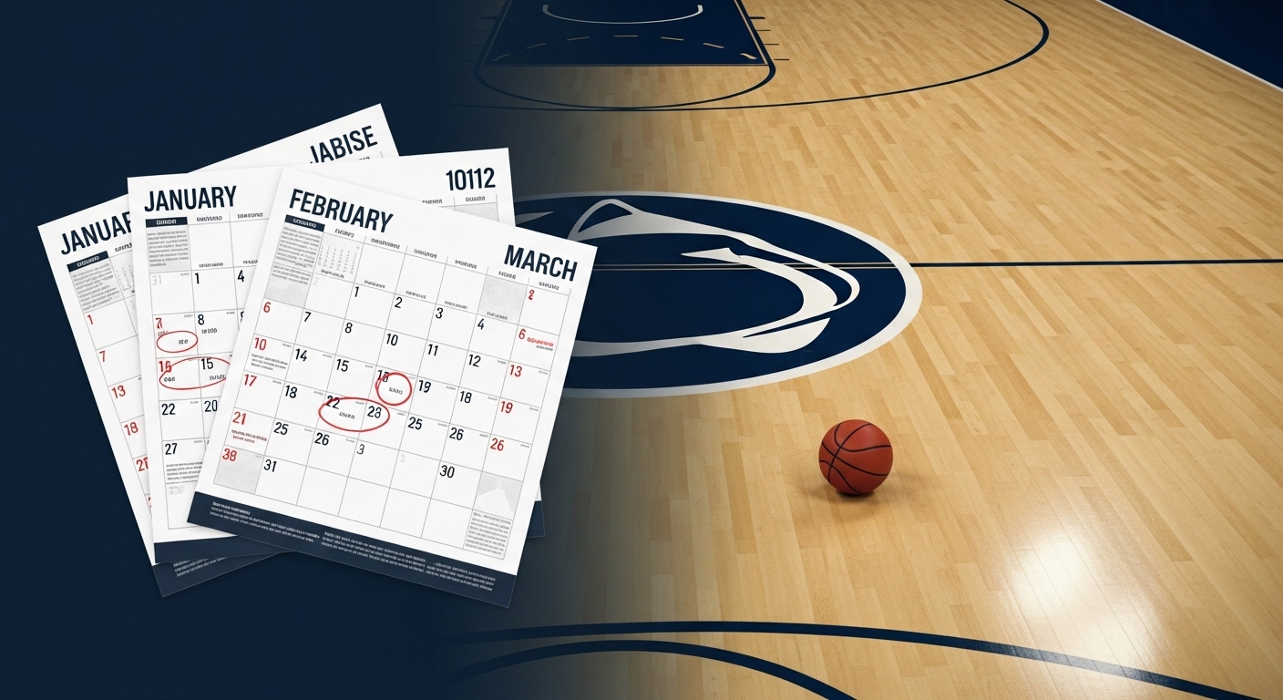 Combination of a basketball court and a calendar highlighting Penn State’s 2025 basketball season schedule.