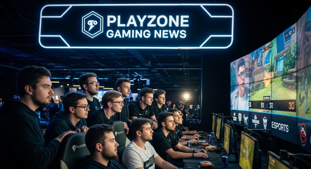 A group of enthusiastic gamers gathered around a large screen, intensely watching a live eSports tournament, with a Playzone Gaming News banner prominently displayed overhead.