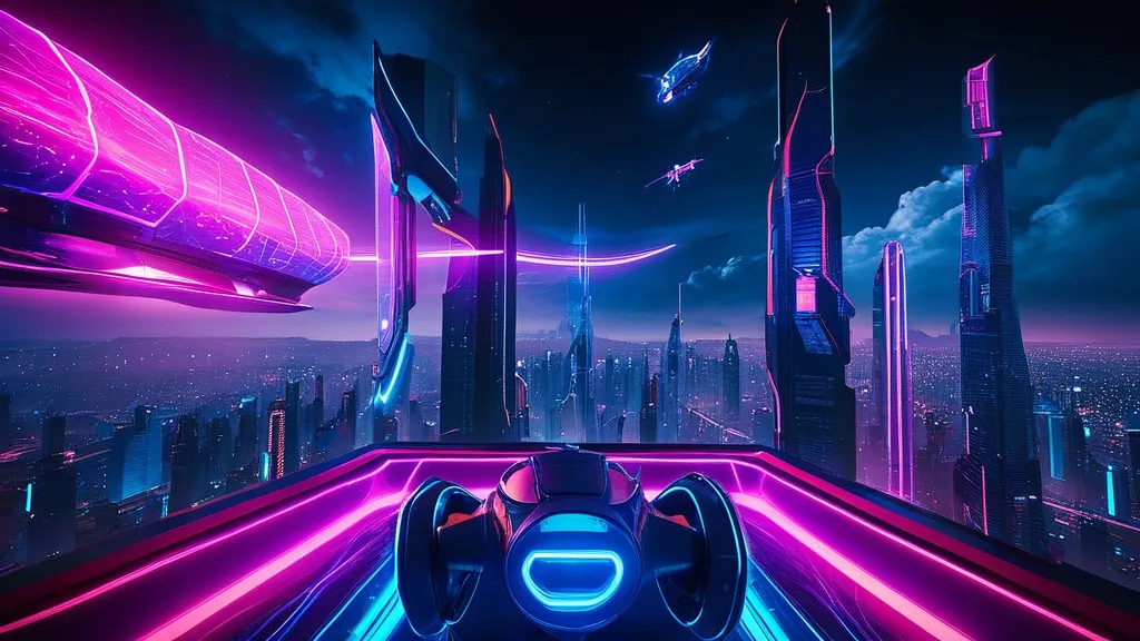 Futuristic gaming setup featuring a person wearing advanced VR headset and gloves, fully immersed in a highly interactive and visually stunning 2025 virtual reality game.