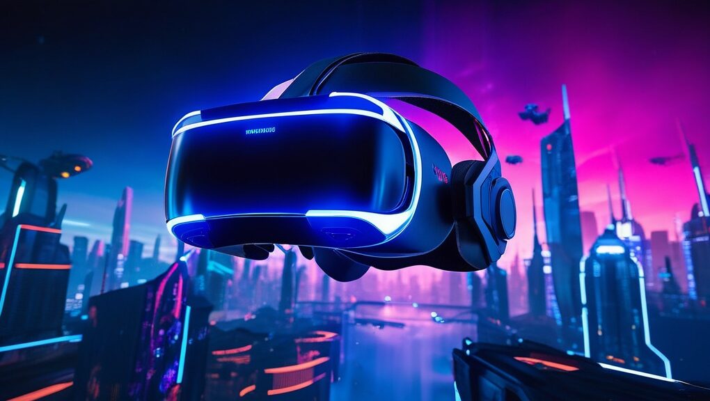 A futuristic gaming setup with a sleek VR headset and controllers, showcasing an immersive 2025 VR game environment with vibrant visuals and high-tech interfaces.