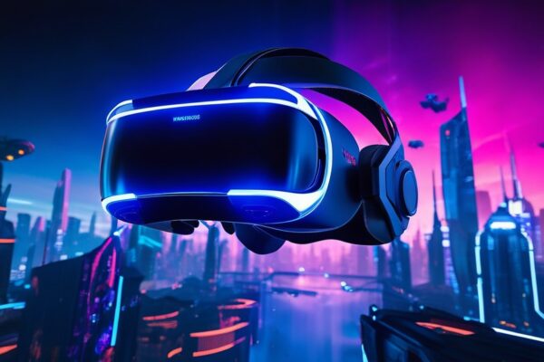 A futuristic gaming setup with a sleek VR headset and controllers, showcasing an immersive 2025 VR game environment with vibrant visuals and high-tech interfaces.