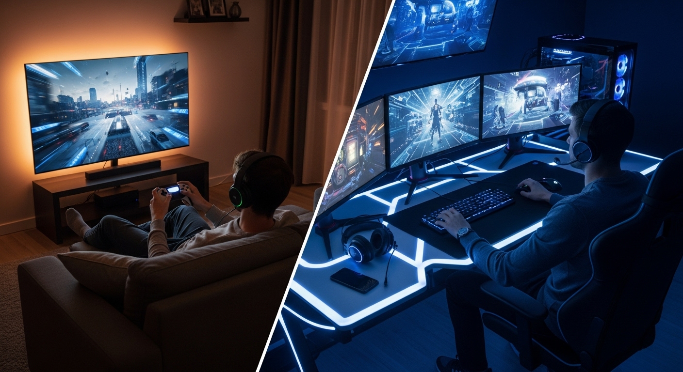 A split-screen view showcasing a sleek gaming console setup on the left with a large TV and controller, and a high-performance gaming PC on the right with a multi-monitor display and mechanical keyboard.