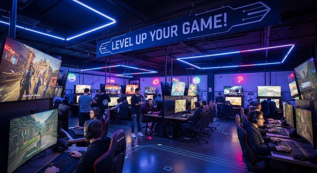 A vibrant gaming hub with large screens displaying the latest video game releases, excited gamers discussing updates, and a banner overhead reading 