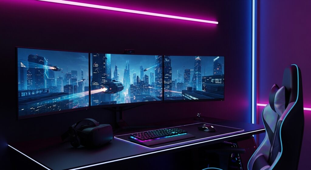 A modern gaming desk with multiple curved monitors, RGB lighting, a high-end gaming chair, and a virtual reality headset, creating an immersive gaming setup.