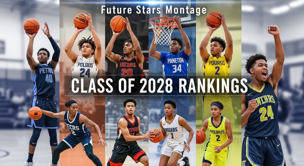 Collage of top-ranked class of 2028 basketball players in action with a graphic overlay showing their rankings.