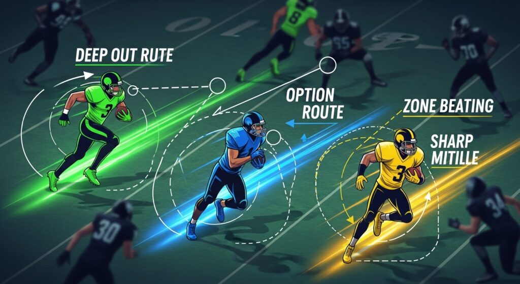 Football receivers running deep, option, and zone-beating routes on field with motion lines and geometric overlays showing strategy.
