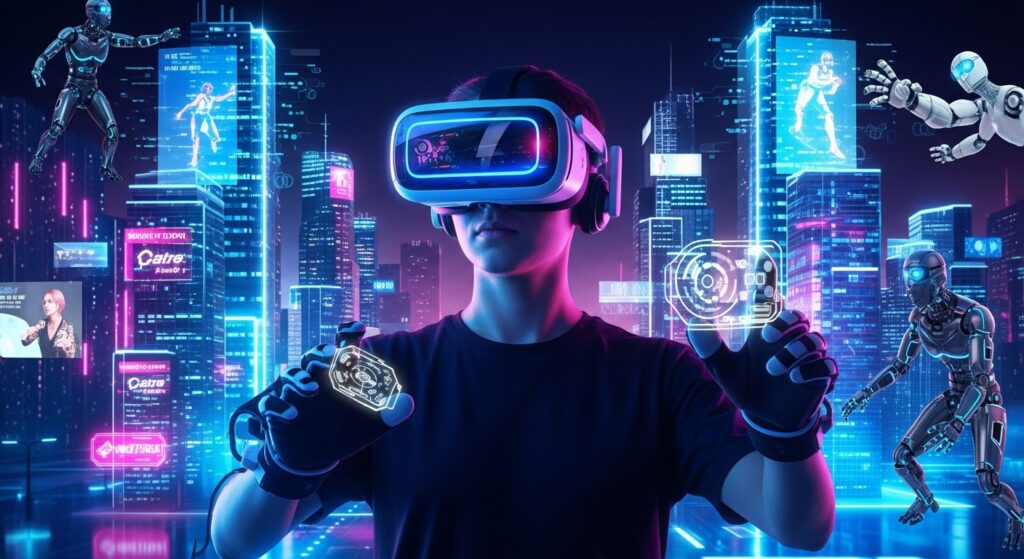 Futuristic VR headset user immersed in a 2025 virtual reality game with vibrant holographic cityscapes and interactive avatars.