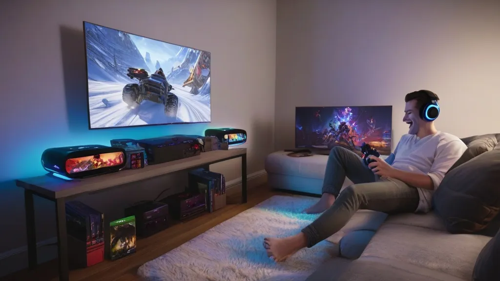 A split-screen setup showing a high-performance gaming PC on one side and a modern gaming console on the other, both with popular game titles displayed on their respective screens.