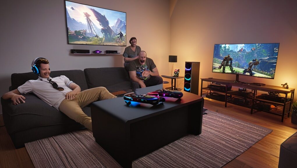 A split-screen view showcasing a sleek gaming console setup on the left with a large TV and controller, and a high-performance gaming PC on the right with a multi-monitor display and mechanical keyboard.