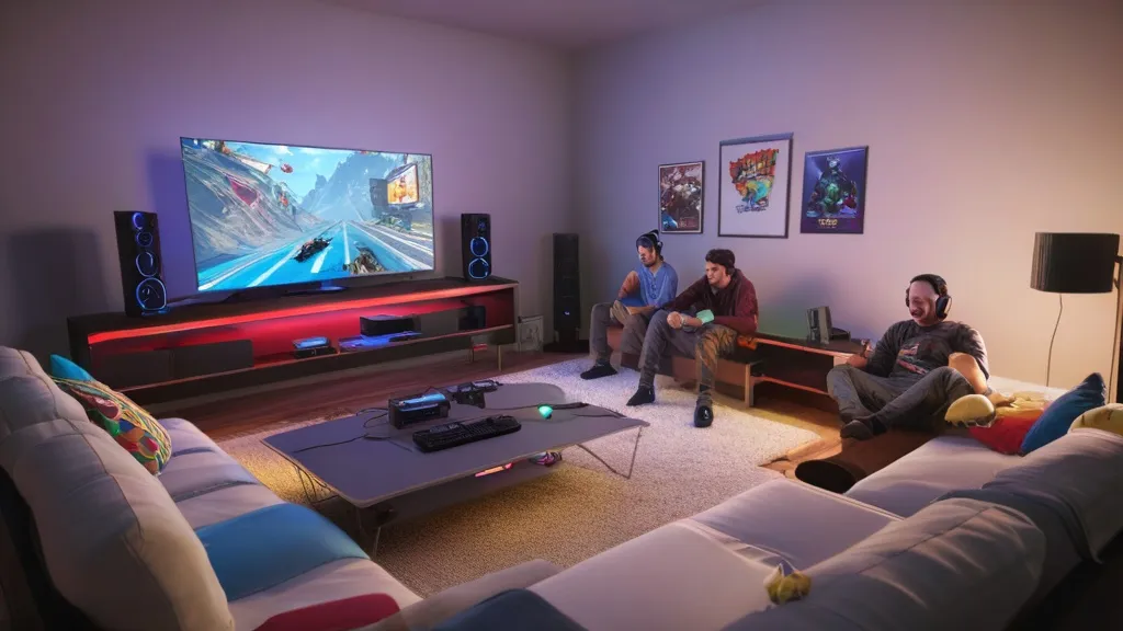 A split-screen showing a gaming console setup on the left with a large TV and controller, and a high-performance PC gaming setup on the right with dual monitors and RGB-lit keyboard.
