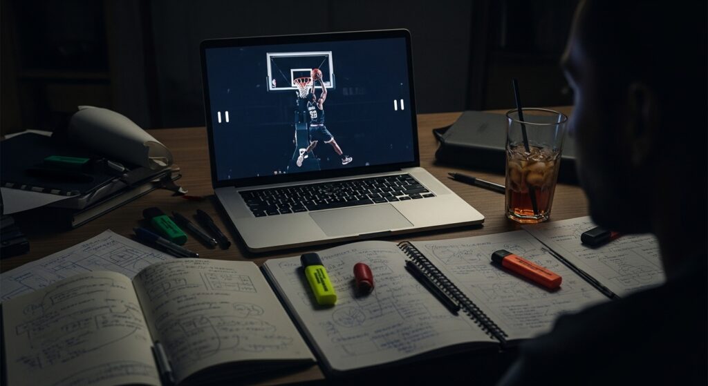 A basketball fan rewatching game highlights on a laptop with notes scattered nearby, analyzing key moments and timing of the season.