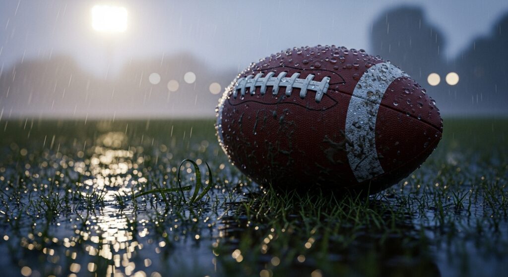 A muddy football resting on a rain-soaked field under soft stadium lights, with faint footprints and scuff marks hinting at an intense, hard-fought game.