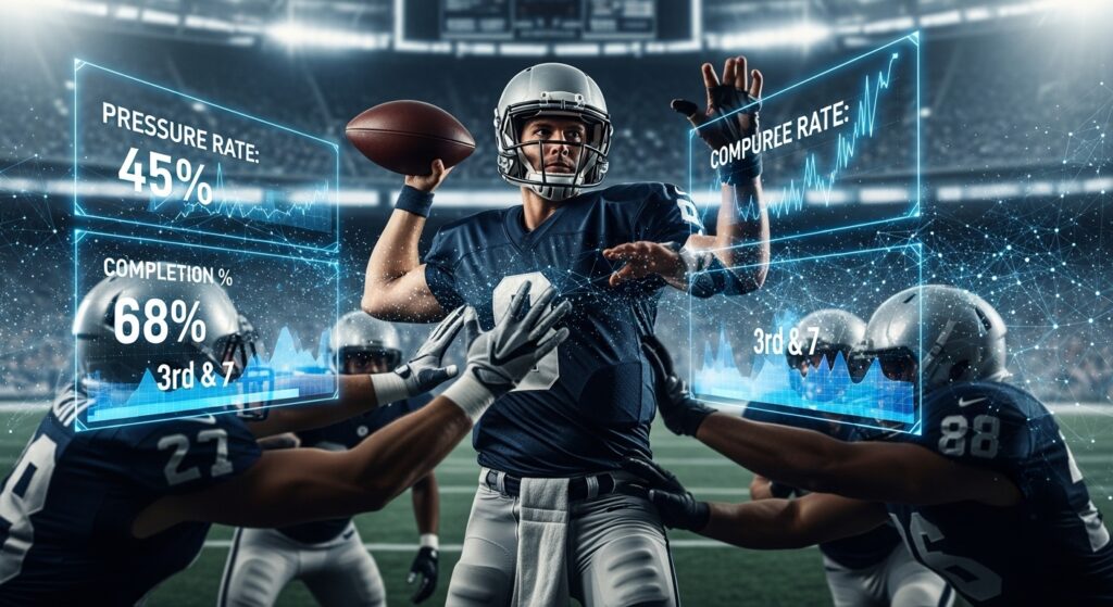 A quarterback under heavy defensive pressure, preparing to throw as holographic overlays display stats like pressure rate, completion percentage, and down and distance, blending real game action with analytical visuals.
