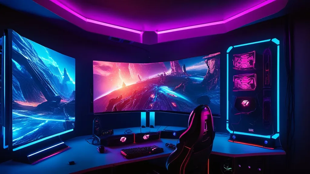 A modern gaming desk with multiple curved monitors, RGB lighting, a high-end gaming chair, and a virtual reality headset, creating an immersive gaming setup.