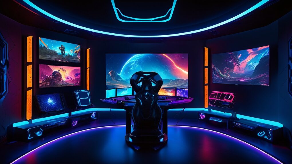 A cutting-edge gaming room featuring a curved ultra-wide monitor, RGB-lit mechanical keyboard, and ergonomic chair, surrounded by ambient LED lights and high-quality surround sound speakers.