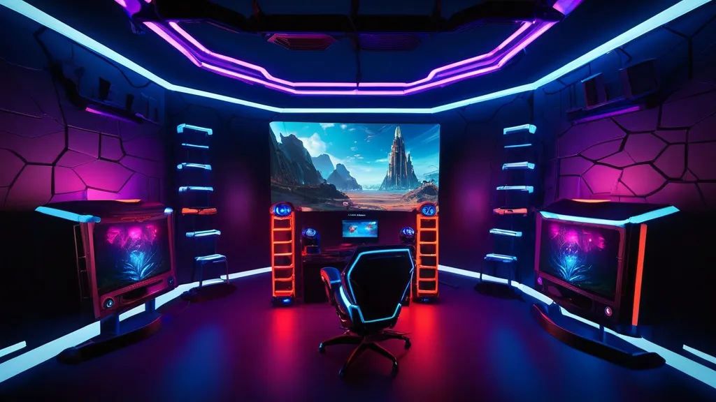 Sleek gaming room featuring a curved ultra-wide monitor, RGB mechanical keyboard, ergonomic chair, and ambient LED lighting on the walls.