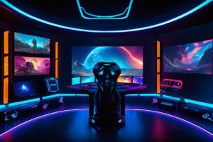 A cutting-edge gaming room featuring a curved ultra-wide monitor, RGB-lit mechanical keyboard, and ergonomic chair, surrounded by ambient LED lights and high-quality surround sound speakers.