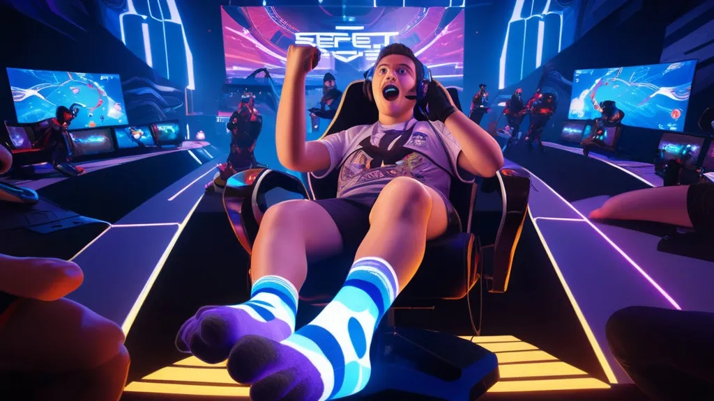 A group of enthusiastic gamers gathered around a large screen, intensely watching a live eSports tournament, with a Playzone Gaming News banner prominently displayed overhead.