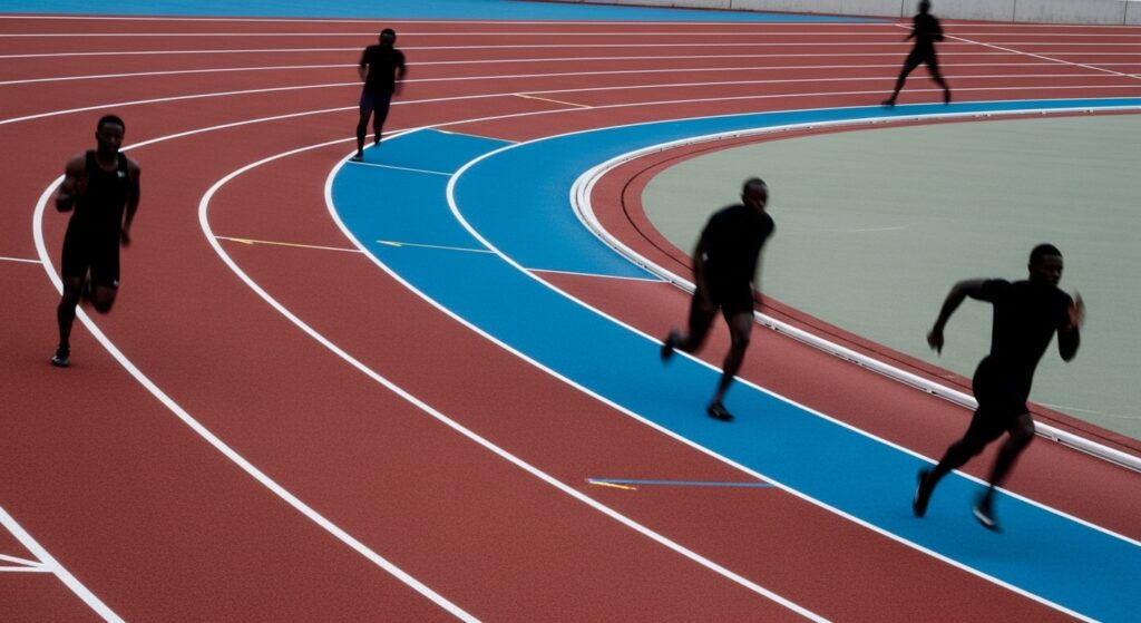 Photorealistic image showing a sharp bend of a 200m race track, visually emphasizing the difference between the tight inside lanes and the balanced middle lanes (5 and 6).