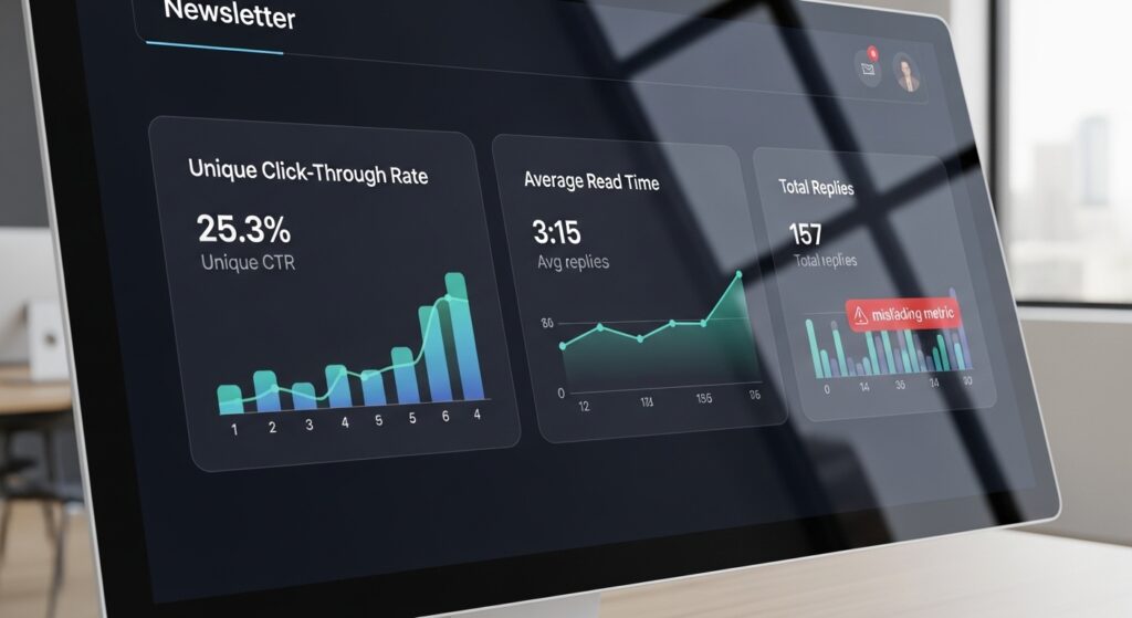 Newsletter dashboard highlighting unique click-through rate, read time, and replies, with open rate faded to show misleading metrics.