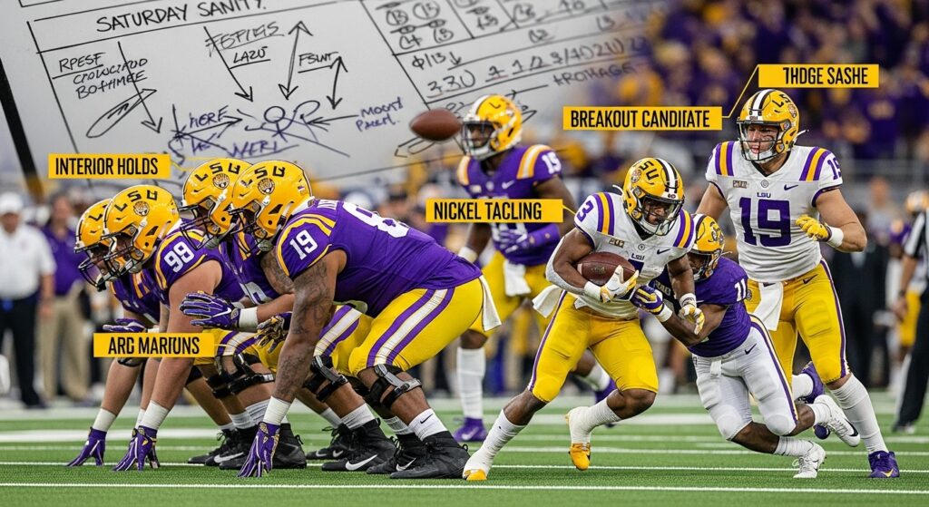 LSU players in action highlighting offensive line strength, nickel tackling, and edge pressure — visual overview of key position battles and strategy for the season.