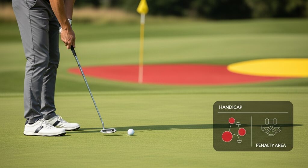 Golfer demonstrating putting and drop rules on the green with visible penalty areas