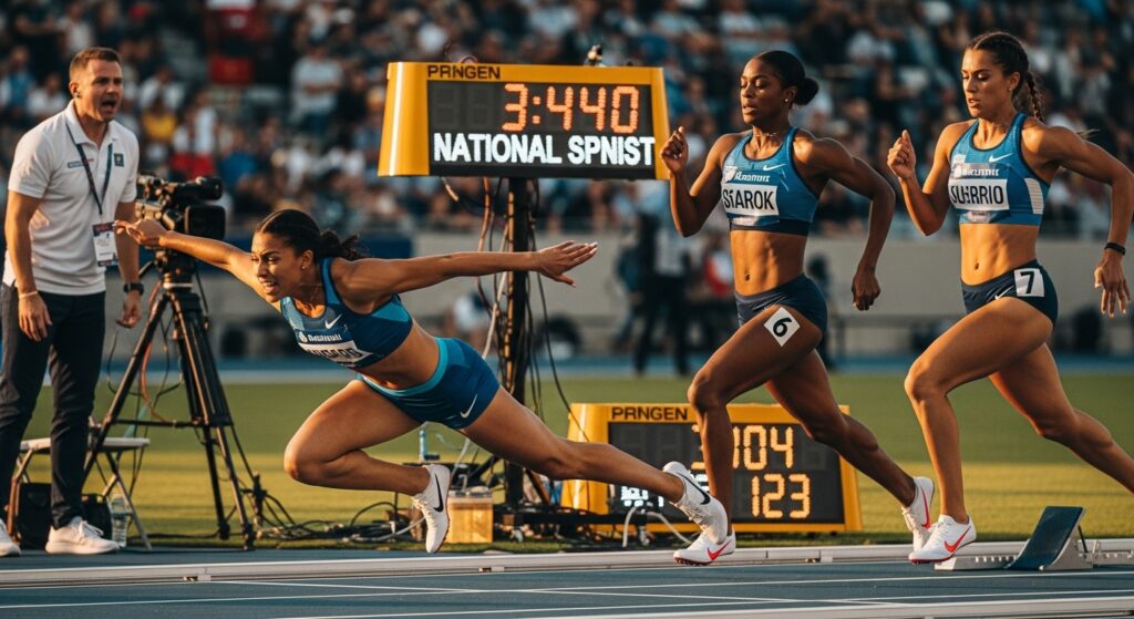 Female sprinter diving at finish line while another runs smoothly; coach reacts on sideline, timing board in background under dramatic lighting.