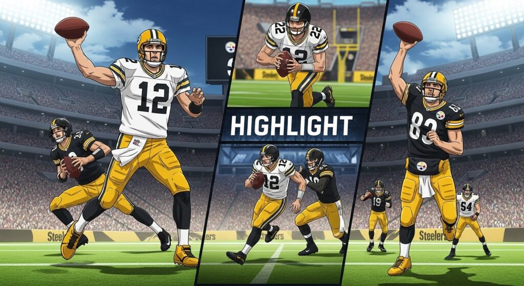 Scene: Anime-inspired action montage of Aaron Rodgers making key plays—throwing a pass, dodging defenders, and celebrating—set against a stylized Steelers stadium.
Focus: Highlight Rodgers as the central figure, showing motion and intensity for highlight-worthy moments.
Mood: Exciting, heroic, and dynamic—like a sports anime emphasizing peak performance.
Visual elements:
Rodgers in anime-style football uniform, exaggerated movement lines for throws and sprints.
Steelers-themed stadium with glowing lights and cheering crowd in anime style.
Split panels or overlay effects to show multiple highlight actions in one frame.
Steelers news Rodgers highlights