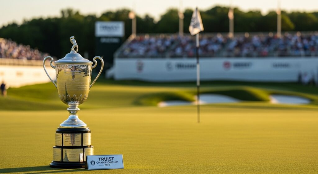 The gleaming Truist Championship 2025 golf trophy stands prominently on the pristine 18th green of the course, awaiting its champion.