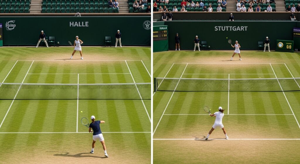 Tennis players on Halle and Stuttgart grass courts showing differences in pace and bounce during mid-rally action
