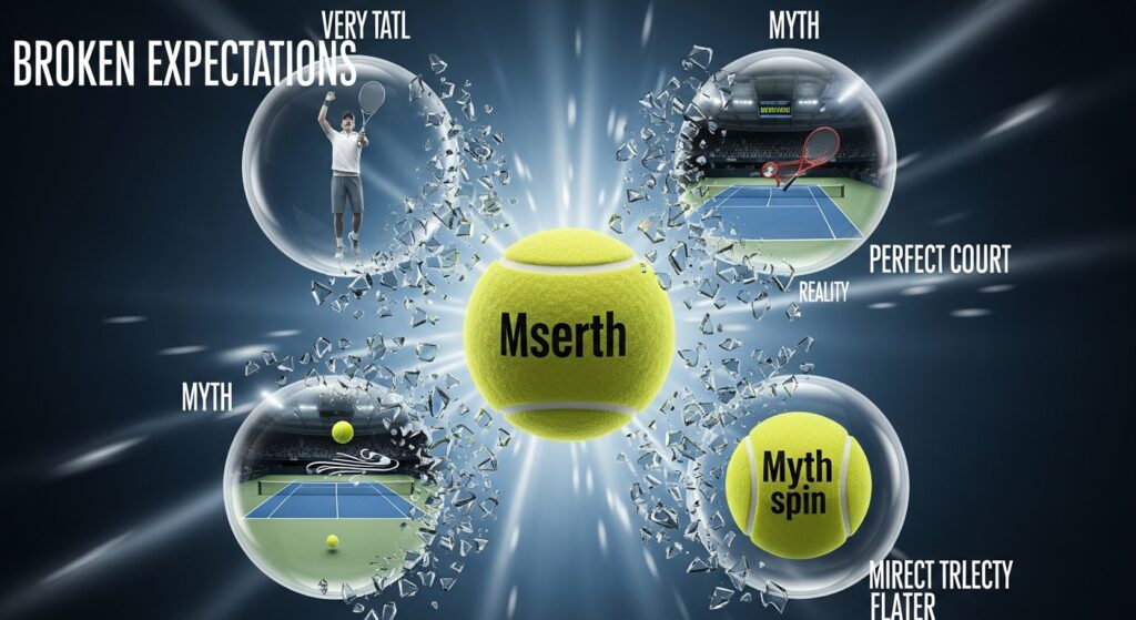 Dynamic image of a tennis ball surrounded by three shattering glass bubbles, each representing a common myth – a big server, an indoor court, and excessive spin – symbolizing the debunking of false beliefs.