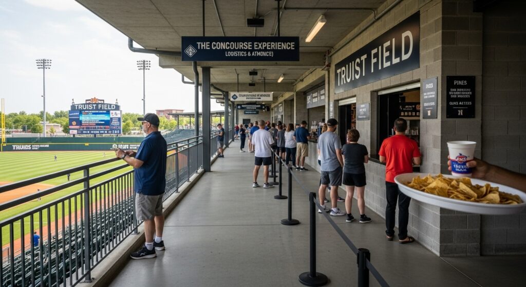 View from the open concourse at Truist Field showing fans, a short concession line, and the baseball game action below, highlighting the social atmosphere and logistics.