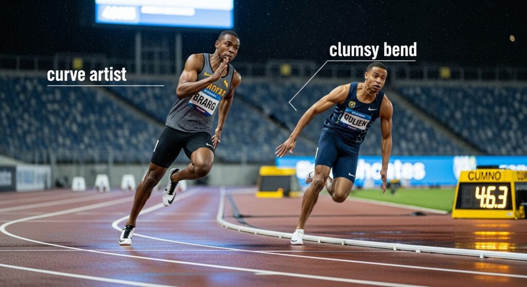 Photorealistic image showing two sprinters on a track curve: one with perfect, tilted body posture (curve artist) and another with awkward, upright form (clumsy bend), illustrating curve running mechanics.