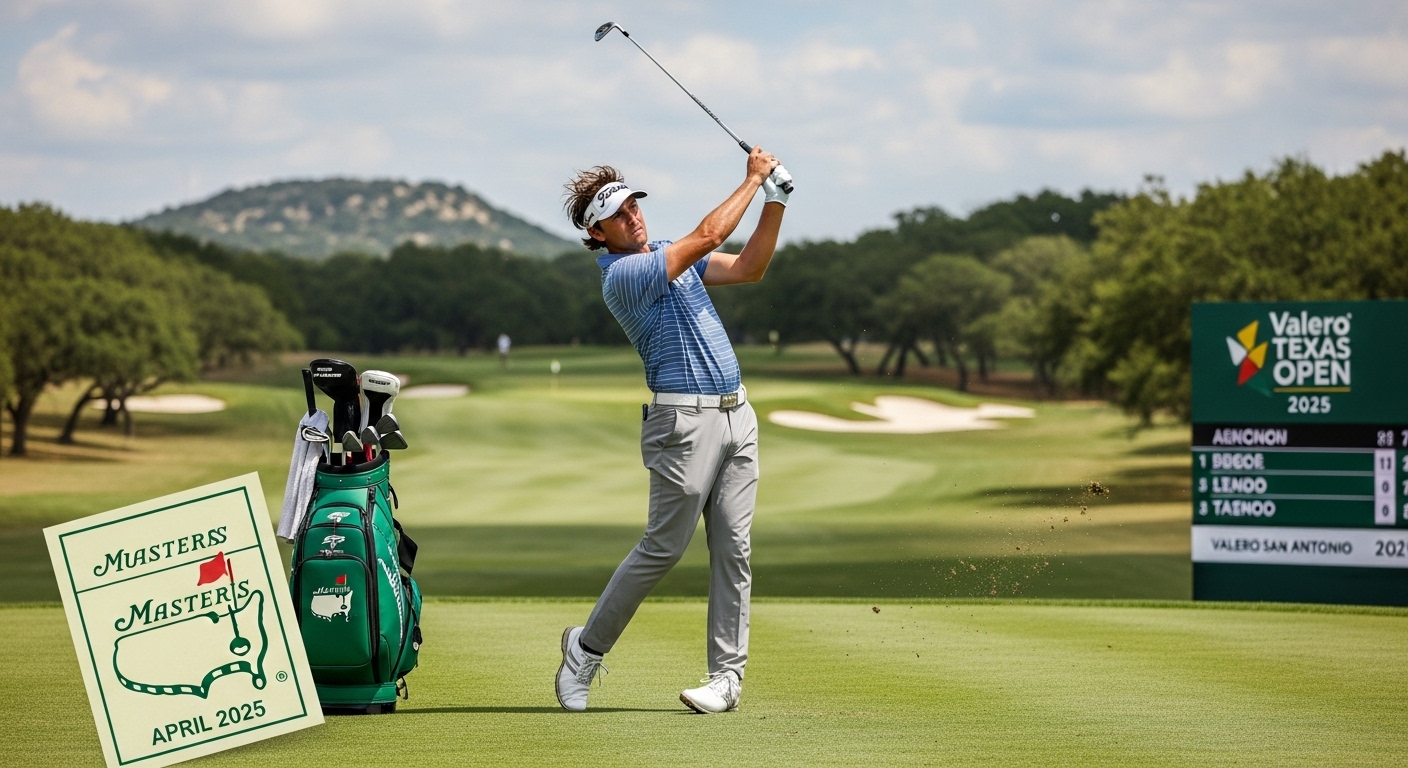 A determined golfer battling visible wind during a swing on the TPC San Antonio course, with a Masters tournament ticket subtly visible, highlighting the Valero Texas Open 2025 as a pre-Masters wind test.