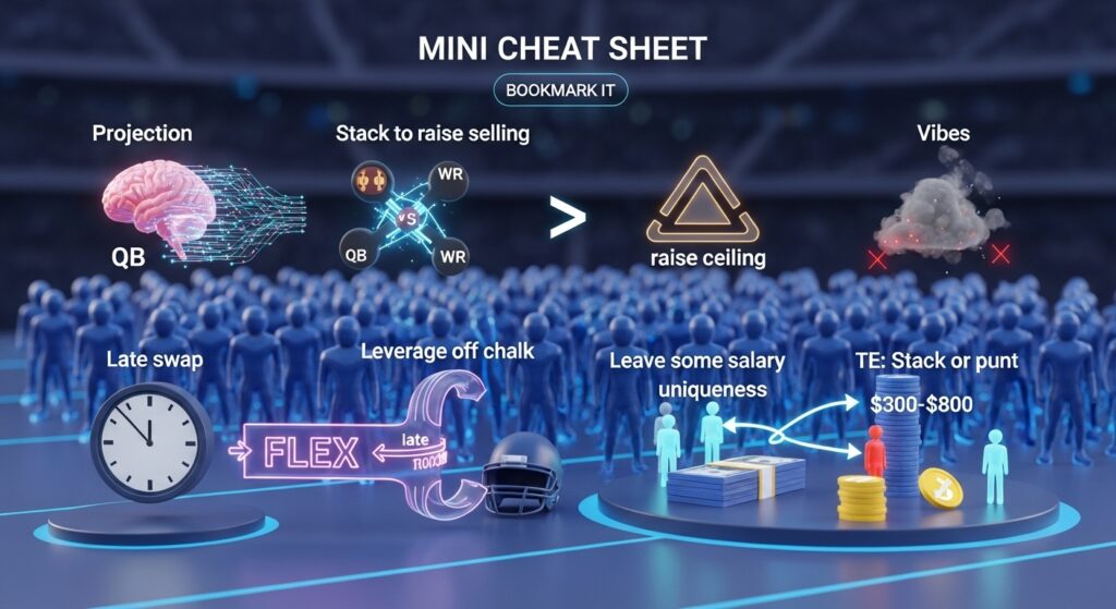 A 3D holographic fantasy sports cheat sheet with illuminated icons for projection, stacking, late swap, leveraging chalk, salary management, TE strategy, and D/ST metrics.