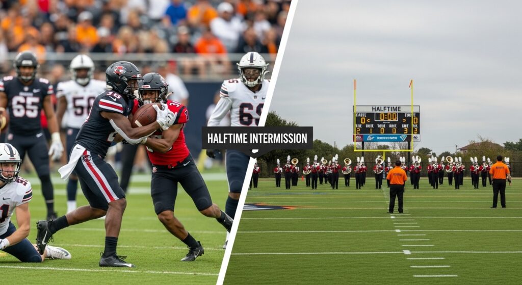 Composite image contrasting an active football play with a marching band performing on the field during halftime, visually representing the longest scheduled pause in game duration.