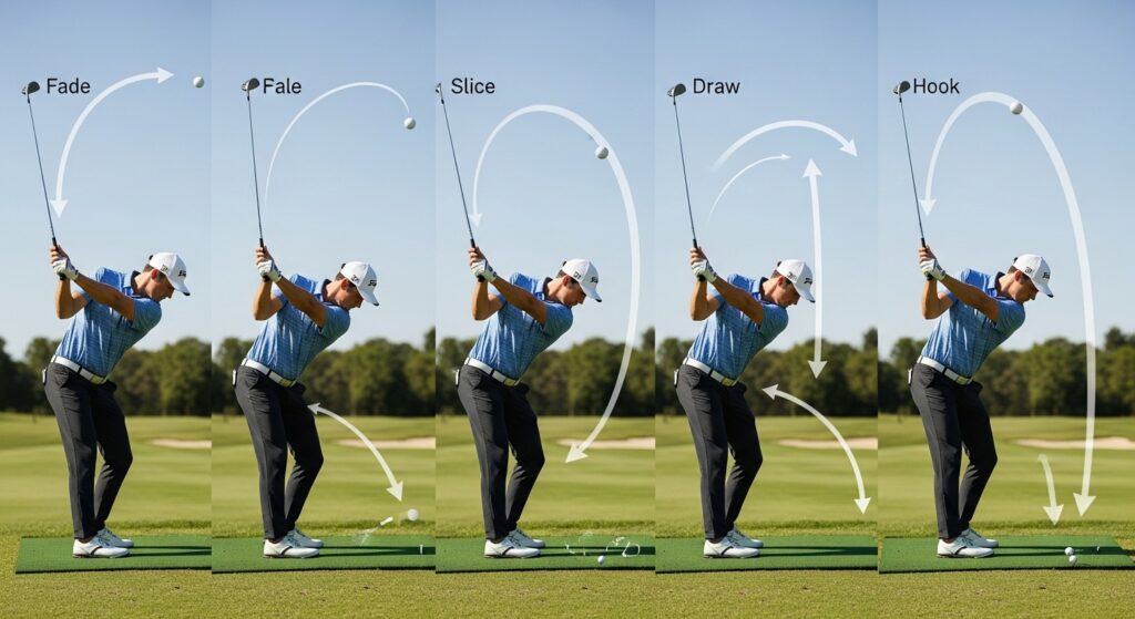 Golfer mid-swing showing different ball flight paths like fade, slice, draw, and hook on a golf course