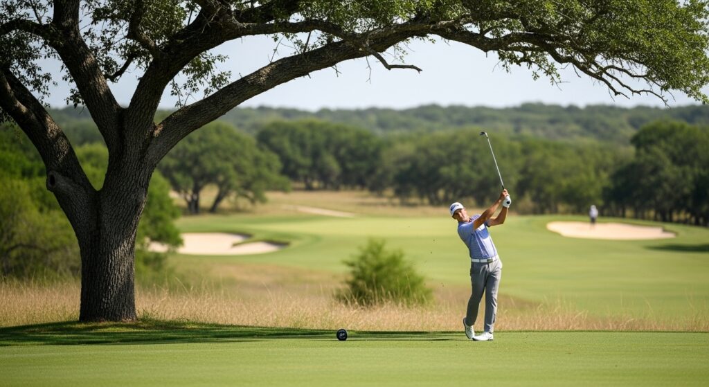 PGA Tour golfer teeing off on the rugged, tree-lined Oaks Course at TPC San Antonio, showcasing the Texas Hill Country backdrop of the Valero Texas Open 2025.