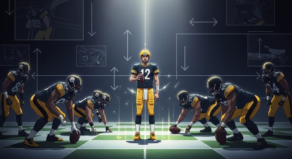 Anime-style illustration of Aaron Rodgers at the center of a tactical football setup with Pittsburgh Steelers players, symbolizing strategy and play potential