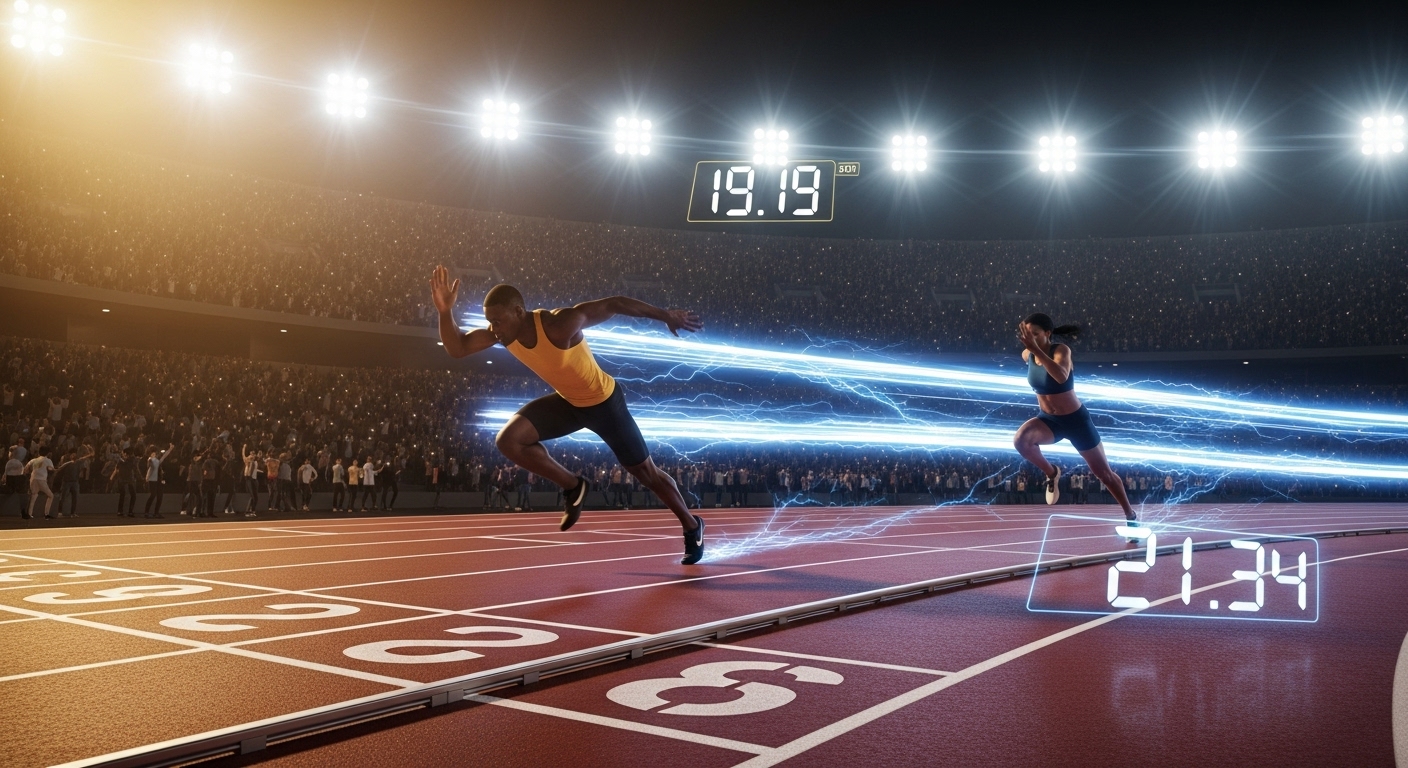 Two sprinters racing on a professional 200m track under stadium lights, symbolizing world record speed and precision