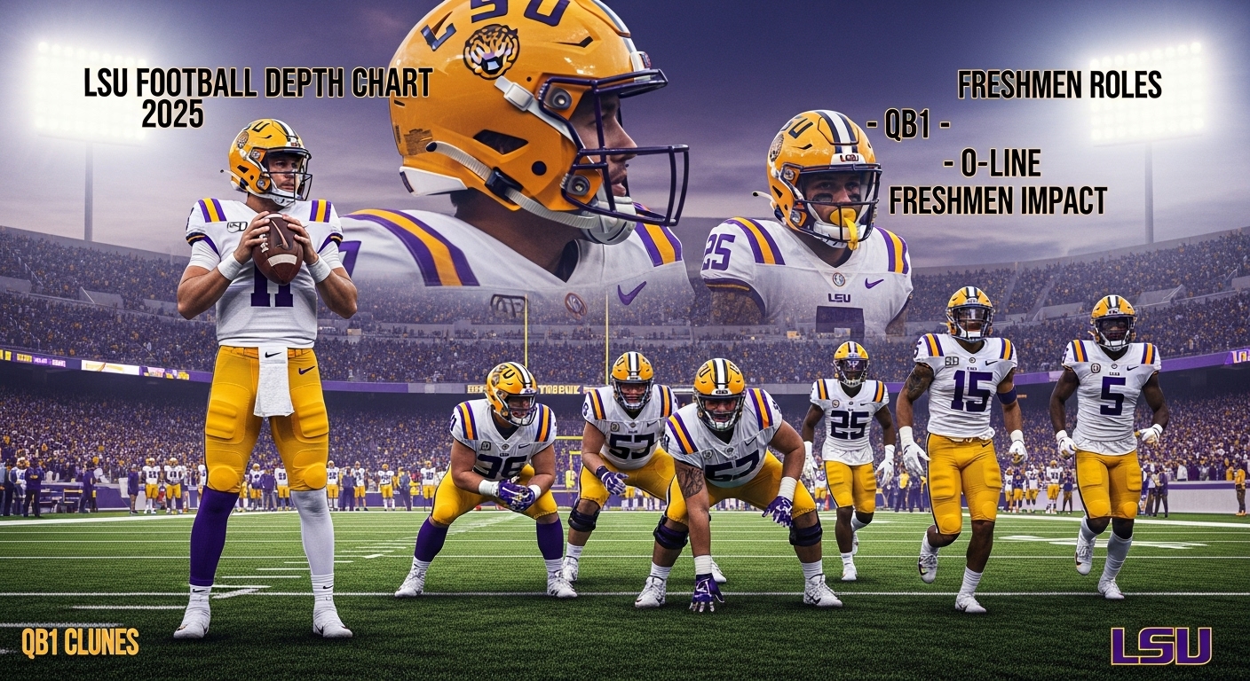 LSU quarterback behind offensive line with freshmen on sideline — visualizing 2025 football depth chart, QB1 battle, and team roles.