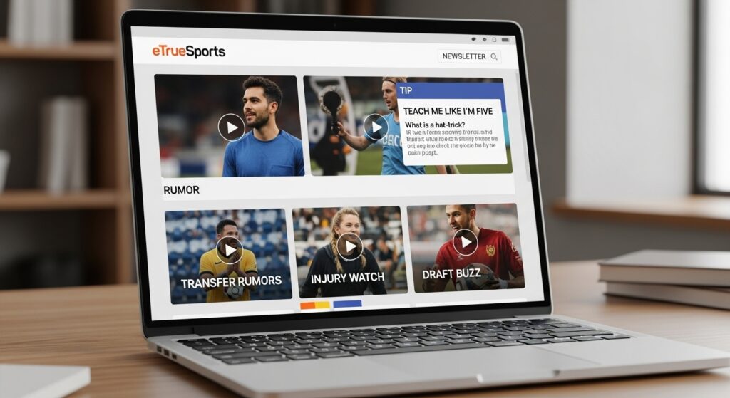 eTrueSports newsletter on a laptop with video clips, rumor labels, and a 'teach me like I’m five' tip box, showing a clear and user-friendly layout.